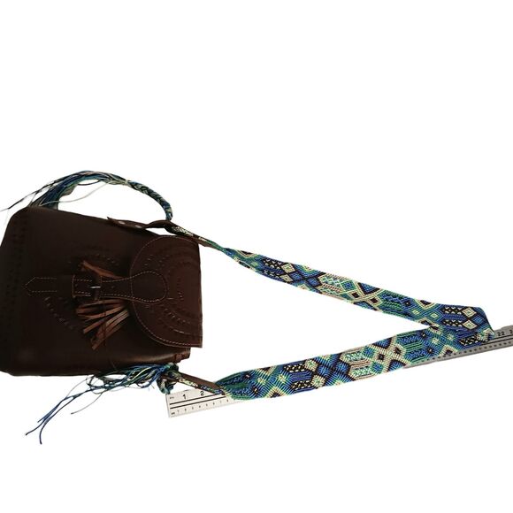 Leather Tooled Crossbody Purse Dark Brown With Turquoise & Green Crochet Strap - Picture 14 of 16